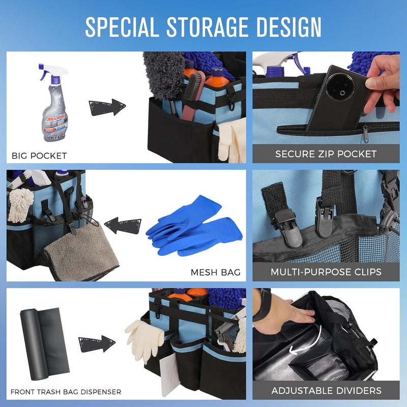 SCAVATA Wearable Cleaning Caddy, Cleaning Caddy Supplies Organizer with Handle & Shoulder Straps for Housekeepers, Under Sink & Car Cleaning Tool Organizers Bag with 4 Foldable Divider (Blue) - Image 2